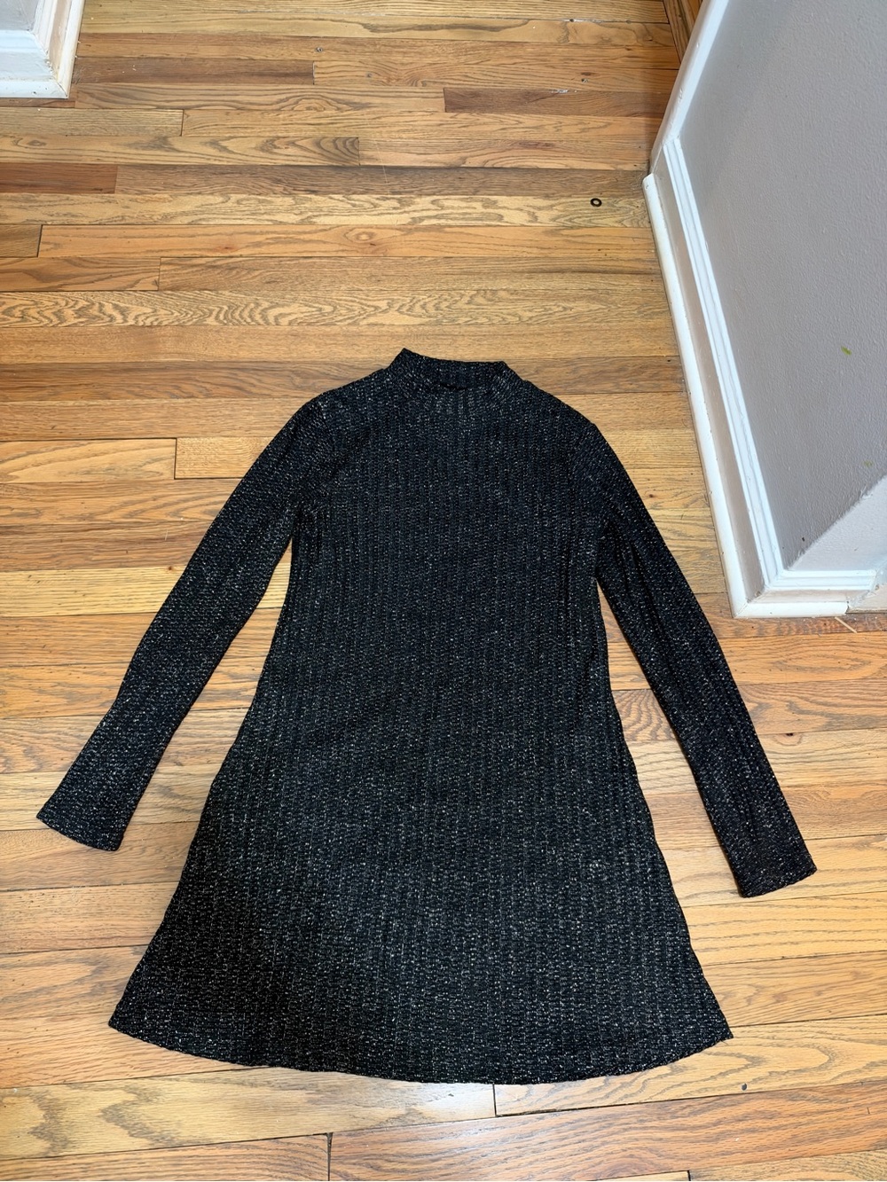 Black Metallic Ribbed Knit Long-Sleeve Sweater Dress